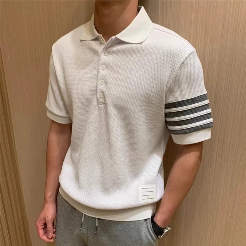 

Summer 2024 New Sle Men's Casual Loose Fit irt ort Sve Turn-down Collar Striped Pattern Couple's T-irt Top