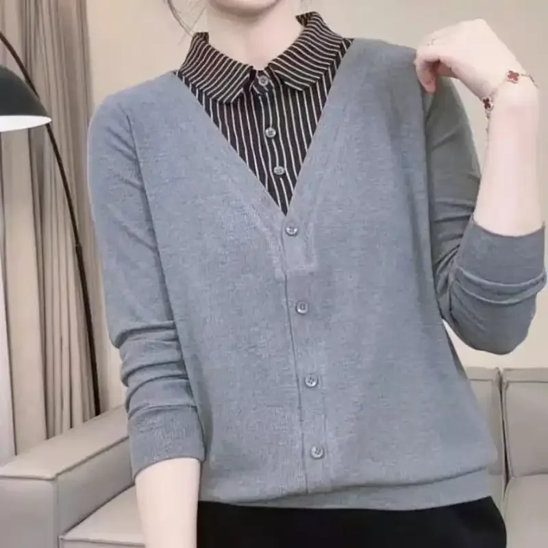 Women's Fashion Lapel Patchwork Fake Two Piece Stripe Blouse 2026 Spring Autumn New Versatile Base Layer Office Top