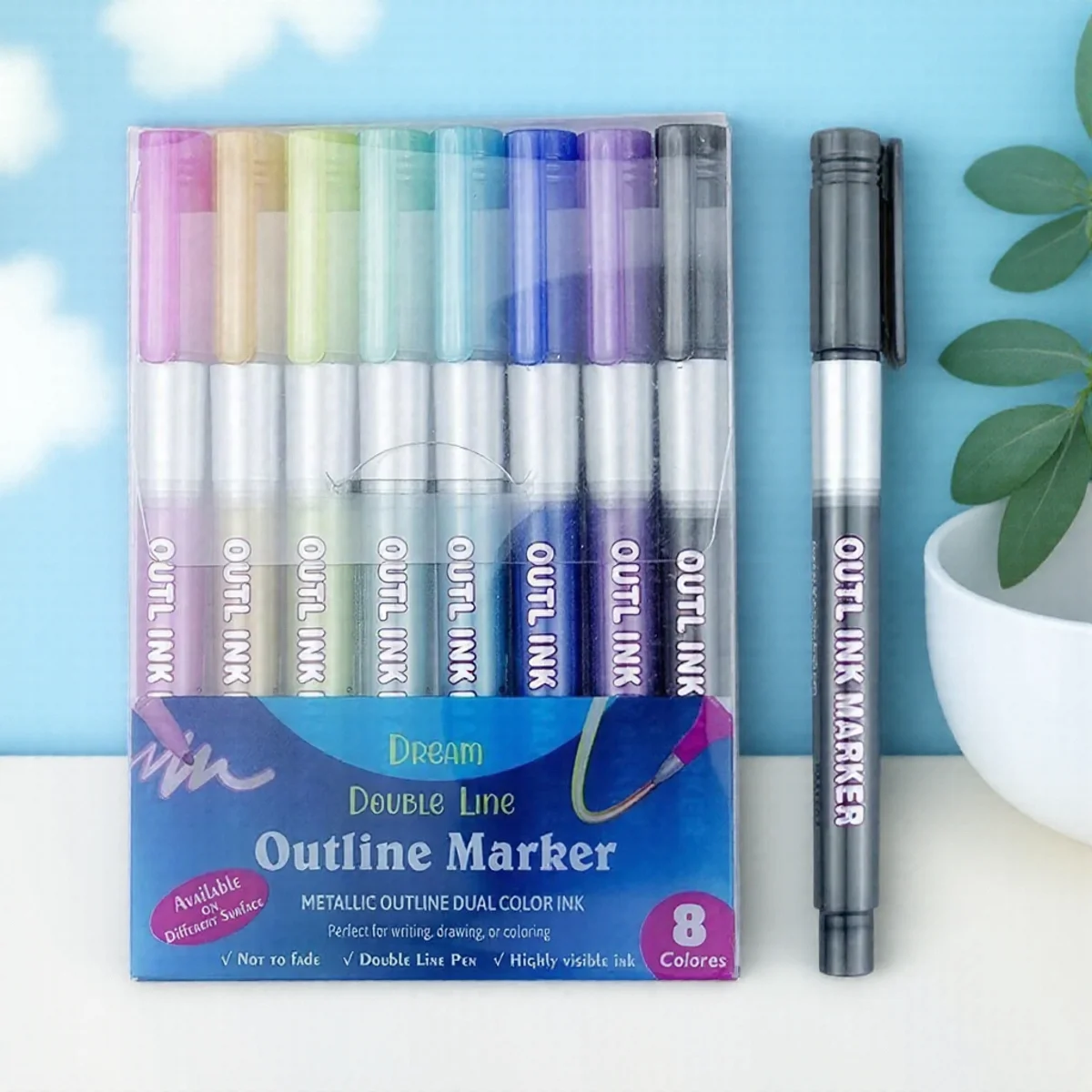 

8Pcs Set Metallic Double Line Art Markers Outline Pens for Stationery Art Drawing Calligraphy Lettering Scrapbooking
