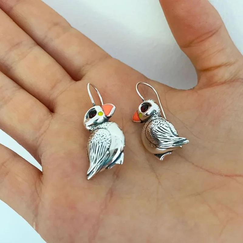 Lovely Puffin with Enamel Earrings