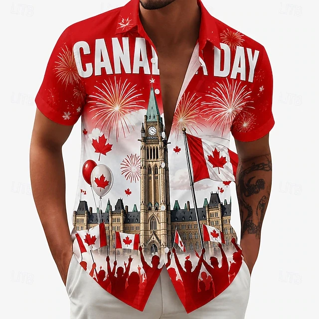 

Mens Canada Day Parliament Celebration Print Shirt Canadian Flag Design Short Sleeve Buttons Casual Aloha Shirt For National Day
