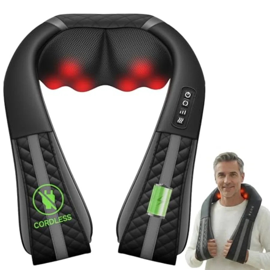 Cordless Neck Massager with Heat Shiatsu for Pain Relief 4D Kneading Shoulder Back Massager Pillow in Black Rechargeable Massag