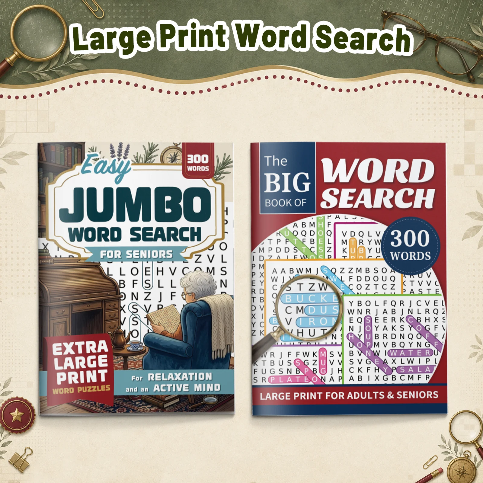 2-Book Large Print Word Search Puzzle Set for Adults & Seniors: Easy Jumbo Word Search for Seniors and The Big Book of Word