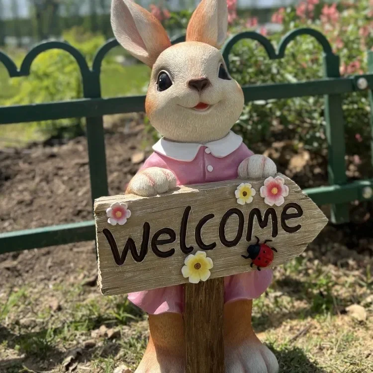 Cute Rabbit Wayfinding Sign Resin Painted Animal Ornaments Garden Lawn Miniature Items Kindergarten Standing Style Welcome Sign