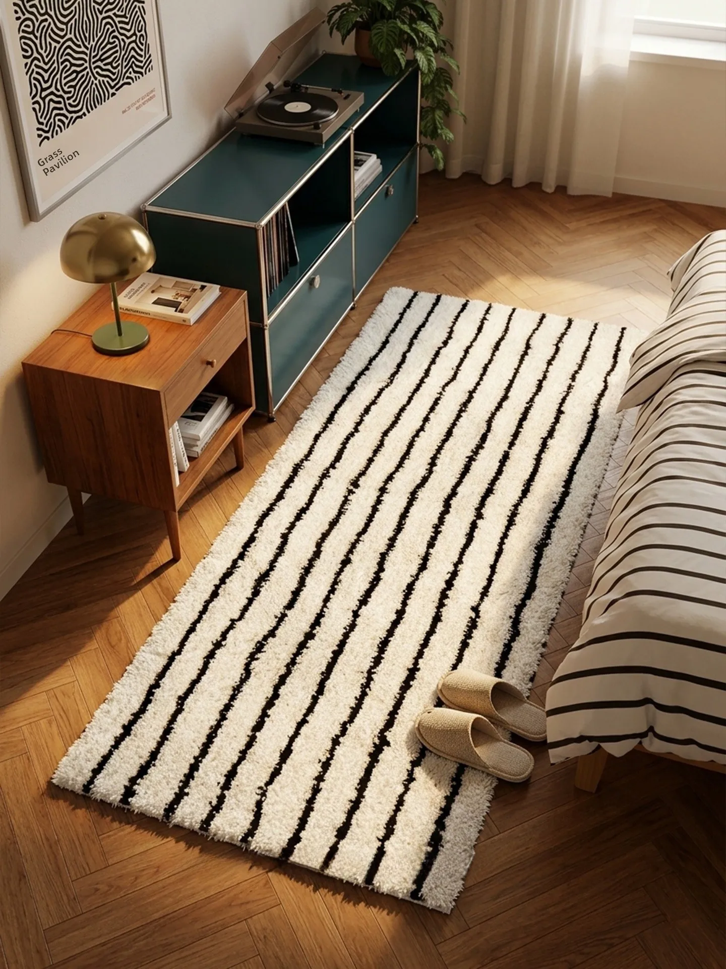 Salt Brand Cream Style Bedroom Living Room Anti-Slip Plush Carpet Stripe Pattern Floor Mat Easy to Clean Home Textile