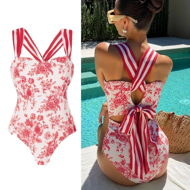 2Pc Striped One Piece Swimsuit Women Sexy Bikini Push Up Swimwear Bandeau Biquini Female Bow Tie Bathing Suit Cover Up Beachwear