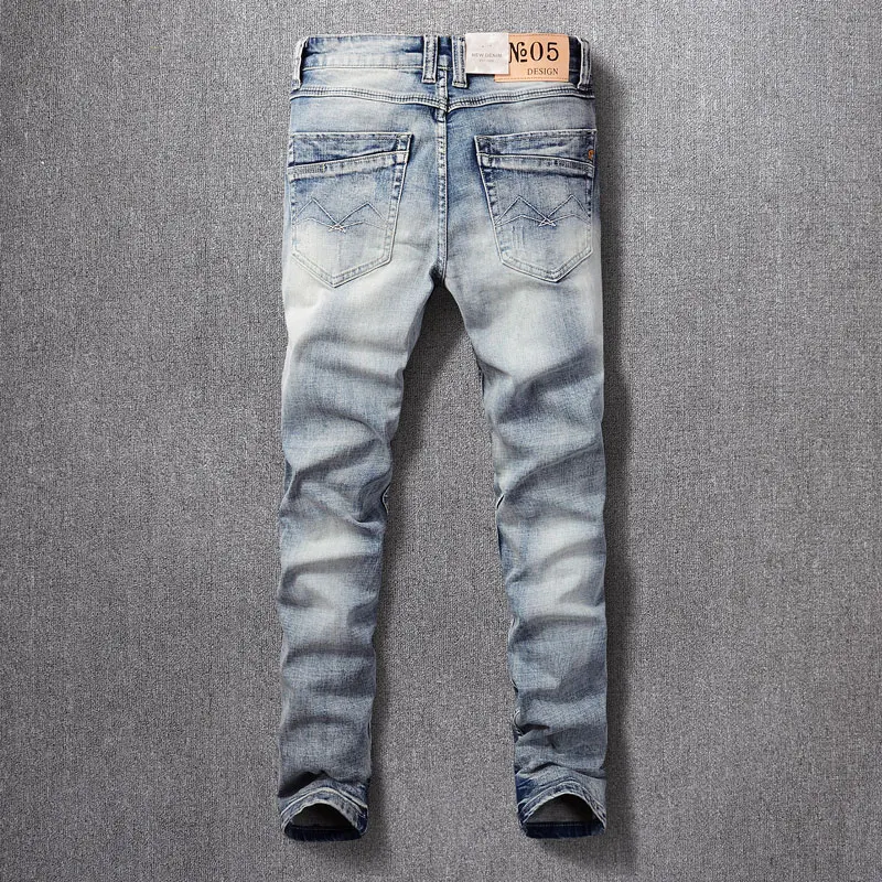 Fashion Vintage Men Jeans Retro Washed Light Blue Elastic Stretch Slim Ripped Jeans Embroidery Designer Patched Denim Pants Men