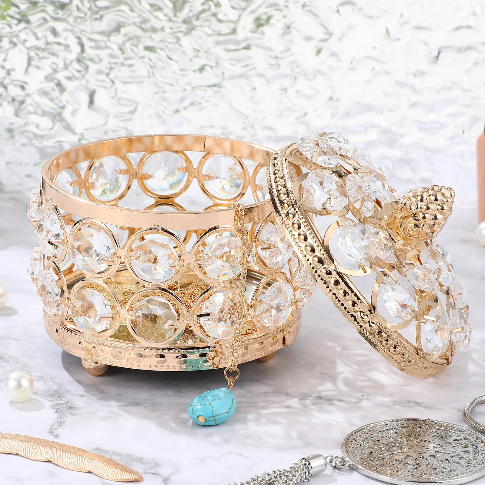 

2Pcs Crystal Jewelry Box Premium Sturdy Tabletop Organizer for Girls Women Sparkly Decorative Trinket Box Gift Keepsake Case