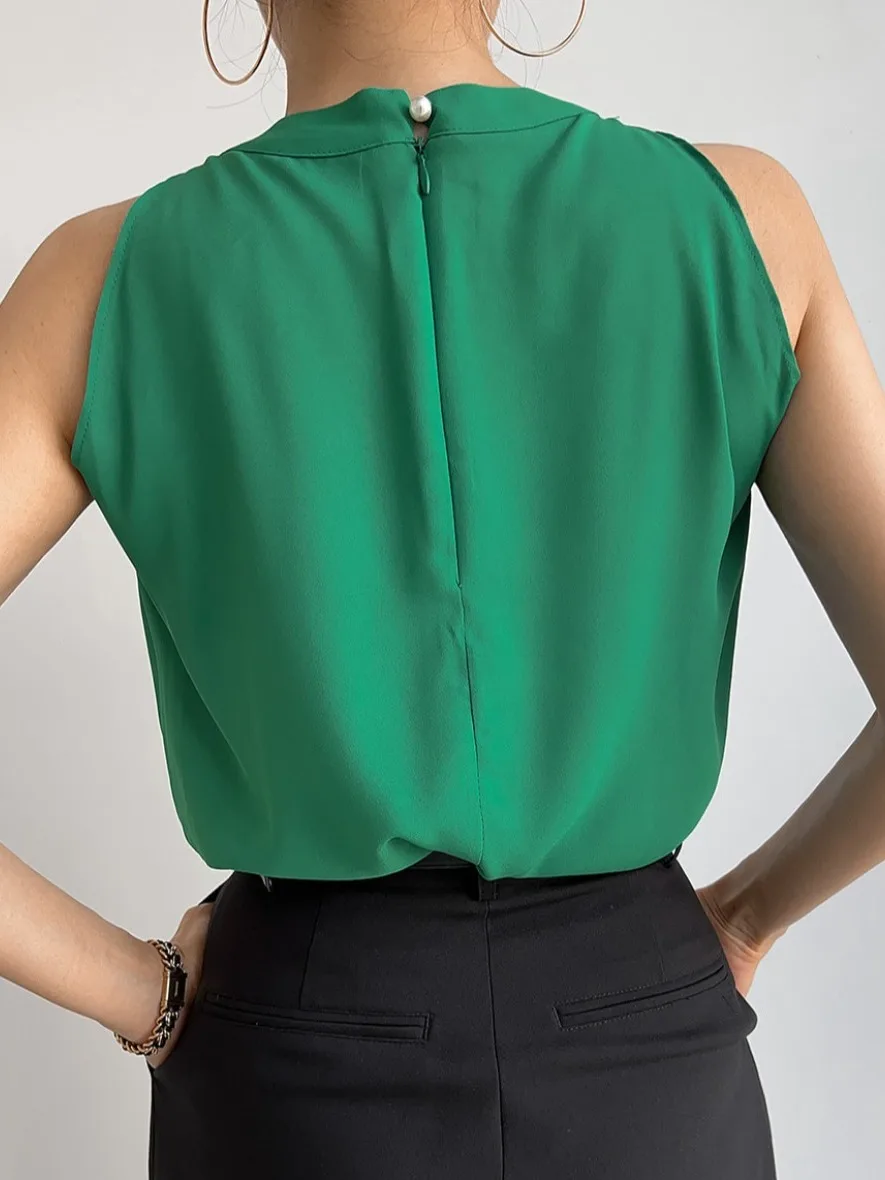 Summer New Women's Loose Fit Knot Ne Vest irt Design Sensation Retro High Matchabili Top Pure Color Commute Sle