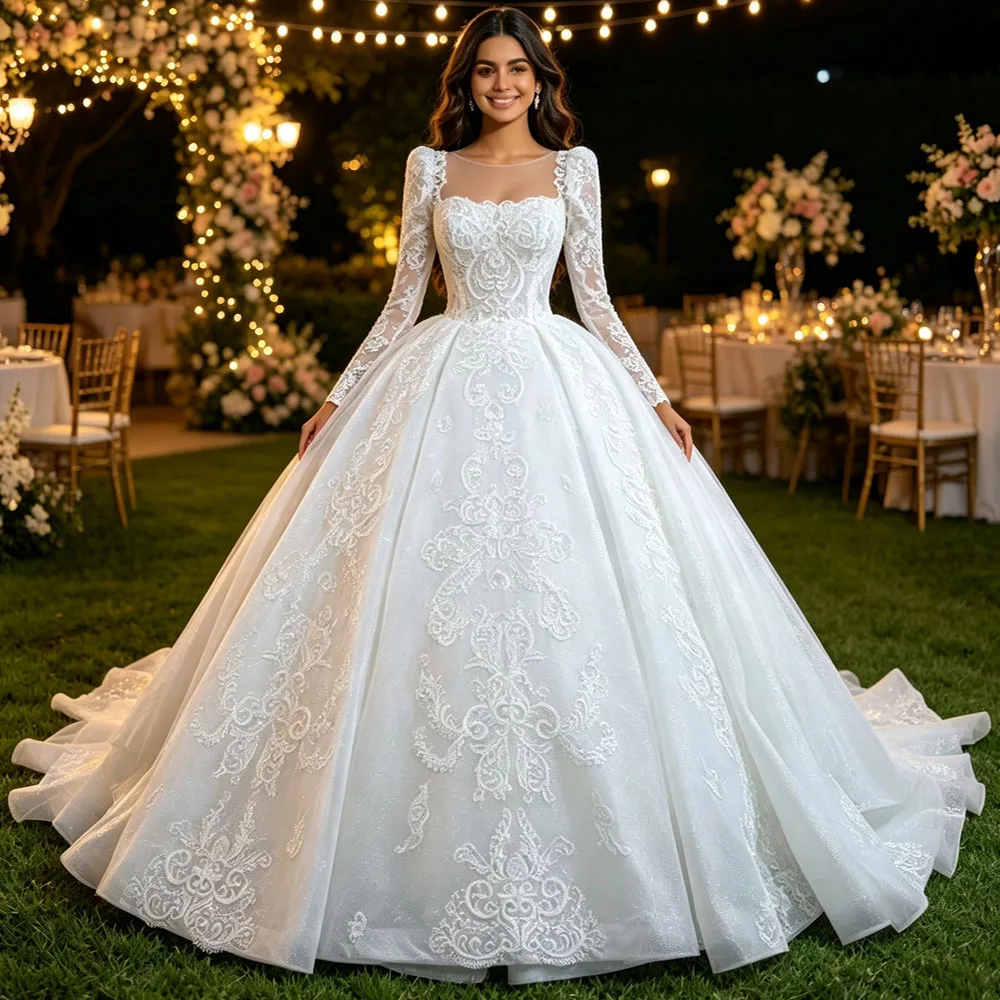 Elegant O Neck Long Sleeve Lace Up Back Wedding Dress Embroidery Customized Bridal Dress
