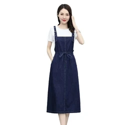 Spring Summer Women Casual Denim Sundress Blue Slim Sunspender Jeans Dress Casual Single-breasted Denim Dresses Vestidos