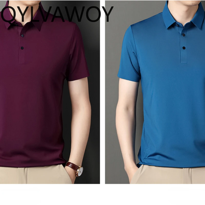 QYLVAWOY 100% Mulberry Silk Mens T Shirt Short Sleeve Black Top Solid Color Thin Style Polo T-shirts for Men Summer Clothes 2024