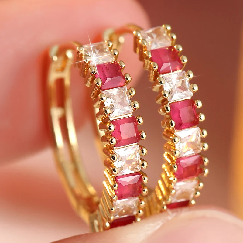 Dazzling Inlaid White Pink Stone Hoops Women's Earrings Trendy Golden Color Geometry Daily Wear Party Jewelry Anniversary Gift
