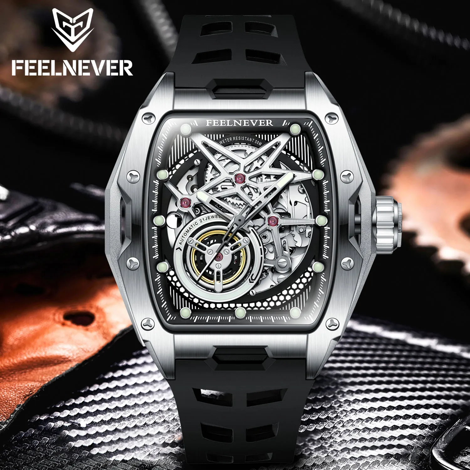 

FEELENEVER Design LIGE Men Automatic Watch Skeleton Mechanical Wristwatch Stainless Steel Case Sapphire Crystal Waterproof Watch