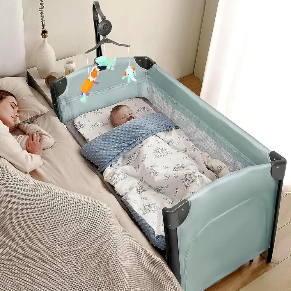 3 in 1 Baby Bedside Sleeper, Bed Side with Mattress and Sheet, Convert to Bassinet, Playpen, Foldable Travel Bassinet Bed