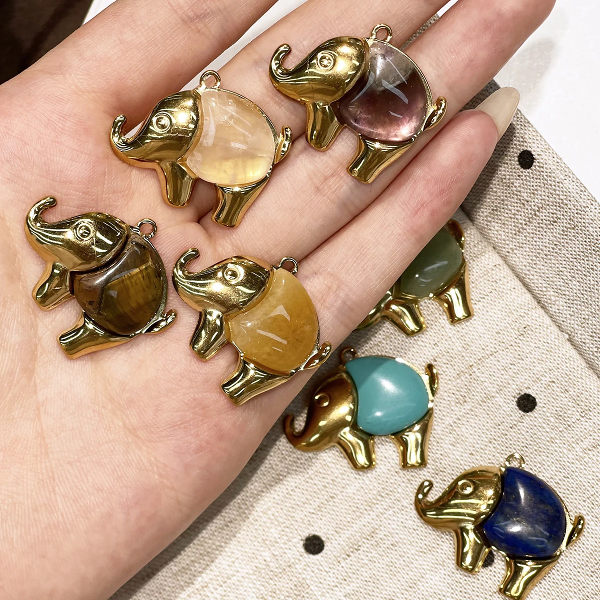 24x30mm Natural Stone Elephant Pendant Animal Gemstone Charm for DIY Necklace Earring Making Lucky Elephant Jewelry Accessories