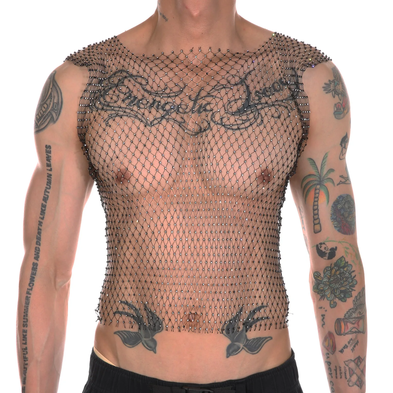 CLEVER-MENMODE Men Fishnet Sexy Tank Tops Rhinestone Shiny See-Through Hollow Vest Mesh Sleeveless T-Shirt Transparent Clothing