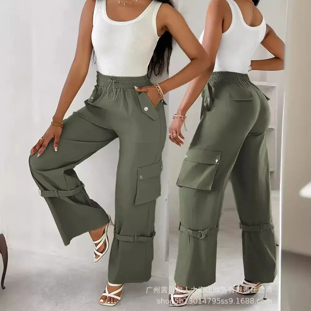 Snap Button Buckled Drawstring Cargo Pants Women High Waist Elastic Full Length Pants Trousers Pockets Solid Color