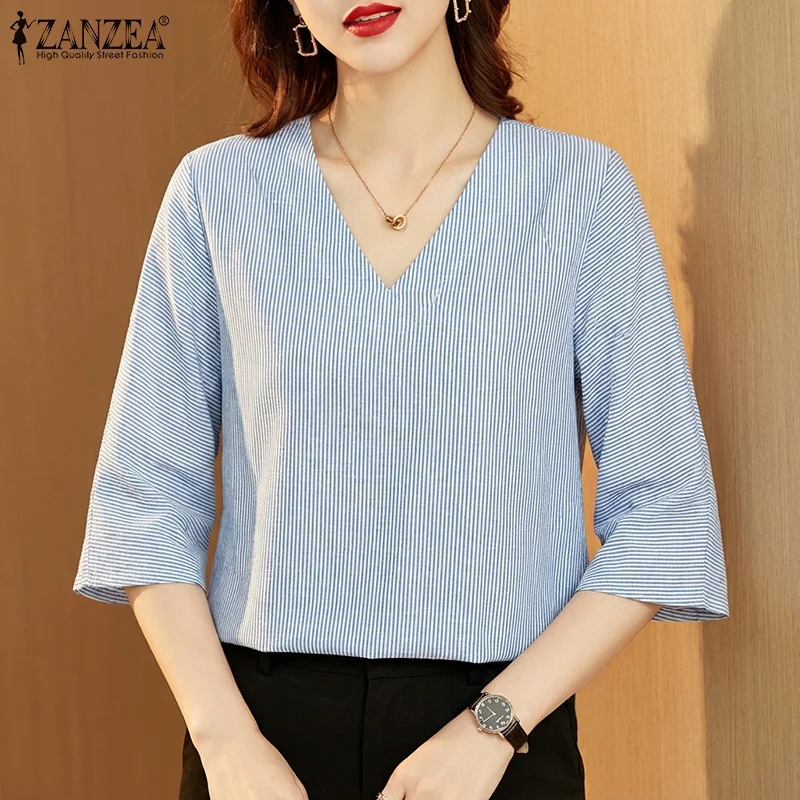 

2026 ZANZEA Офисные блузки в полоску, женские топы с v-образным вырезом и рукавами 3/4, весенняя повседневная рабочая рубашка OL, модная туника, женская свободная сорочка