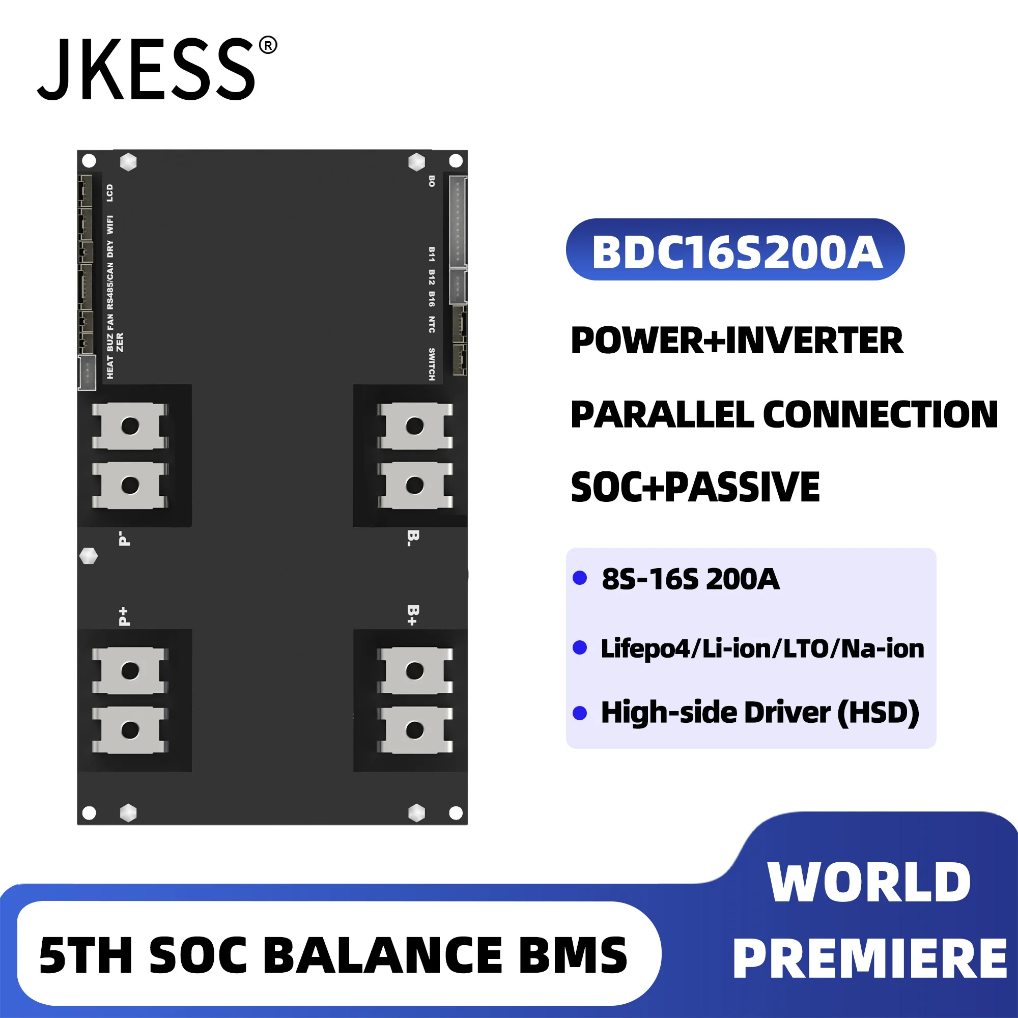 JKESS BDC16S200A Smart Inverter SOC Banlance BMS 8S 16S 24V 48V 200A Family Energy Storage Lifepo4/Li-ion/LTO For Deye Inverter