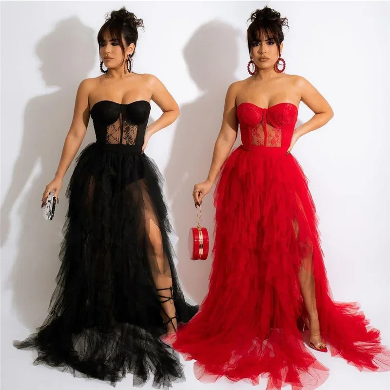 Sexy Tulle Cascading Ruffles Evening Long Dresses for Women Elegant Off Shoulder Strapless Croset Lace Maxi Dress Ball Gown