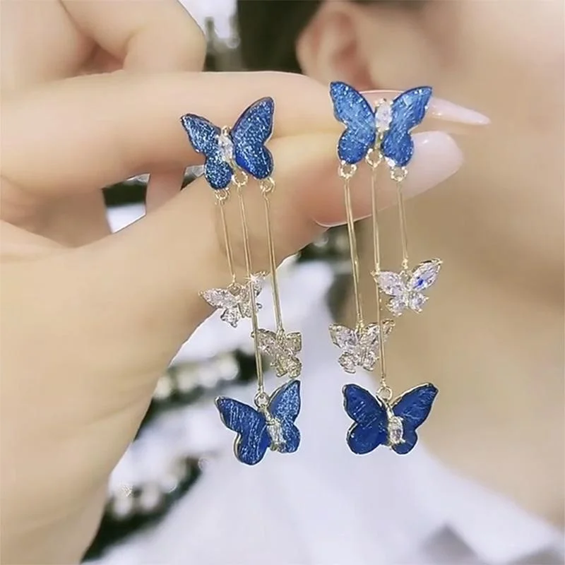 Fashion Aesthetic Purple Crystal Butterfly Dangle Earrings for Women Long Tassel Earring Wedding PartyStatement Jewelry Gift