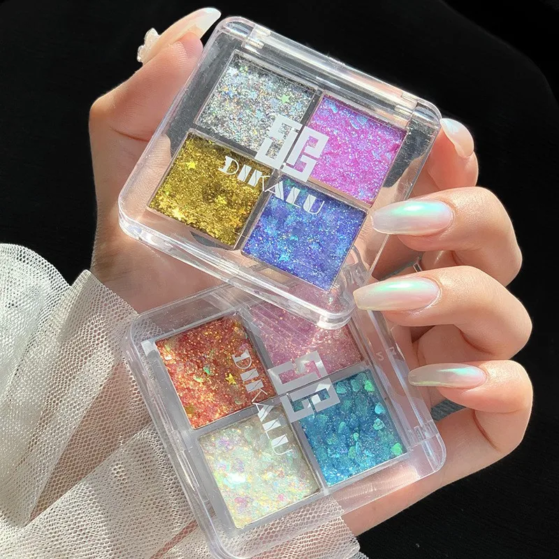 DIKALU mini Palette de fards à paupières à paillettes 4 couleurs-tons citrouille et cerise tons bleu/or/jaune pour le maquillage de fête Cosplay