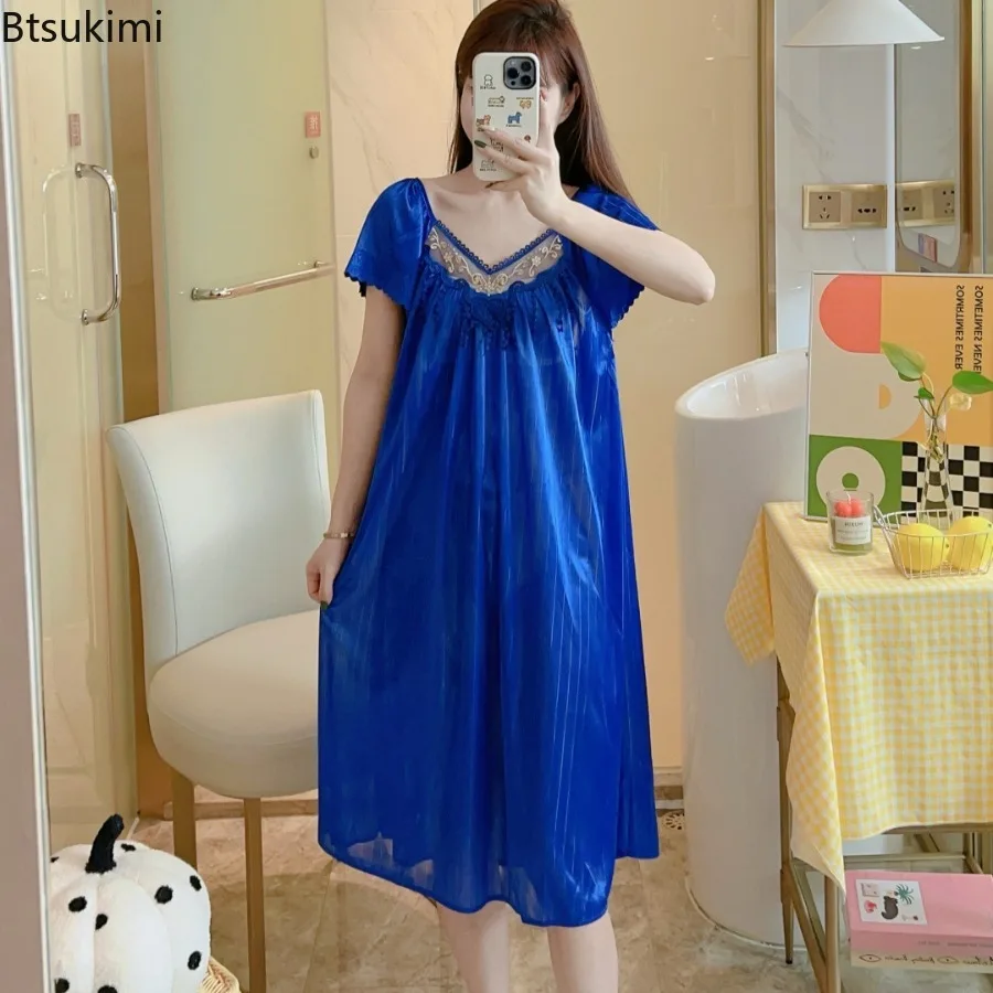 

Women's Summer Ice Silk Nightgowns Sleeping Dress Medium Length Short Sleeve Sexy Sleepwear Home Wear Loungewear Pyjama Ladies