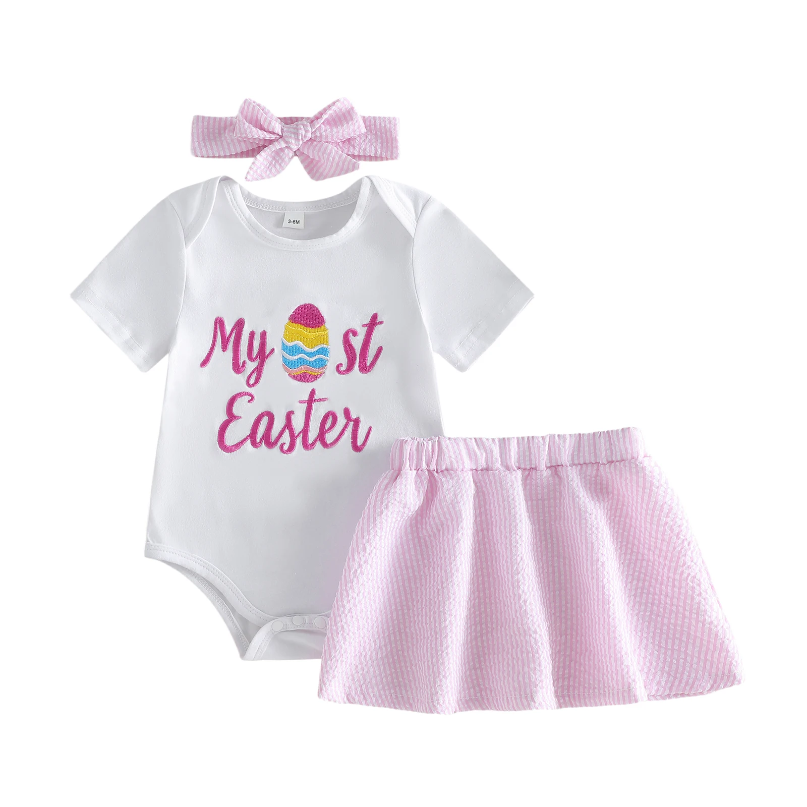 

Пасхальный наряд для маленьких девочек, летняя одежда с короткими рукавами и вышивкой букв и полосатая юбка с повязкой на голову