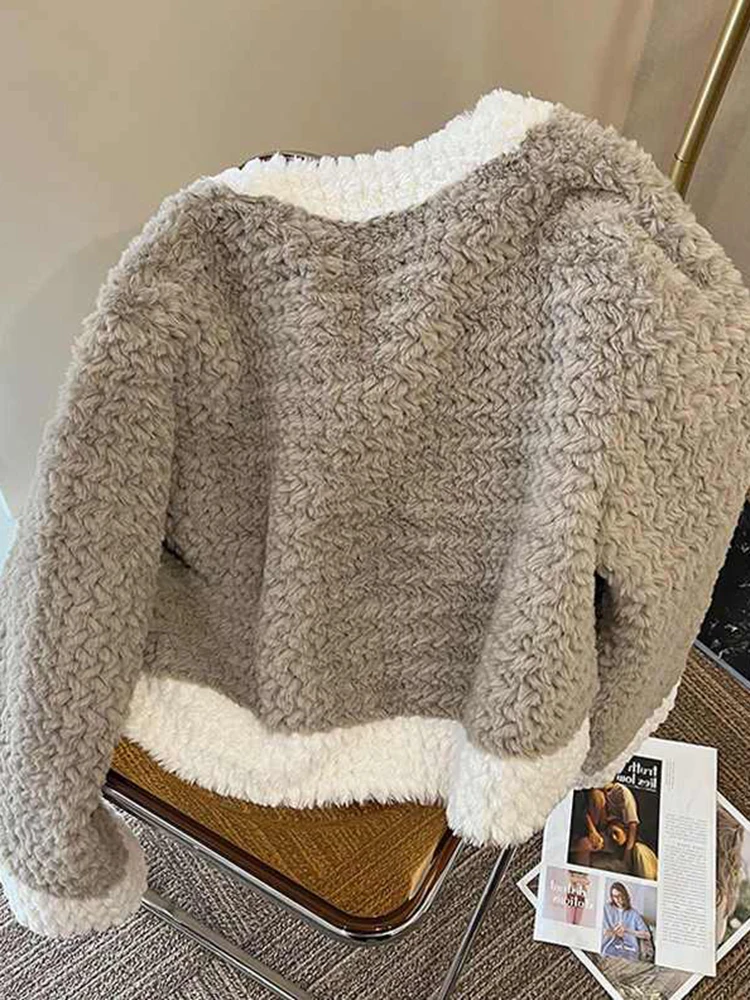 Jmprs Patchwork Women Faux Lamb Coat Winter Warm Long Sleeve Vintage Jackets Korean Loose Casual Female Elegant Retro Thick Tops
