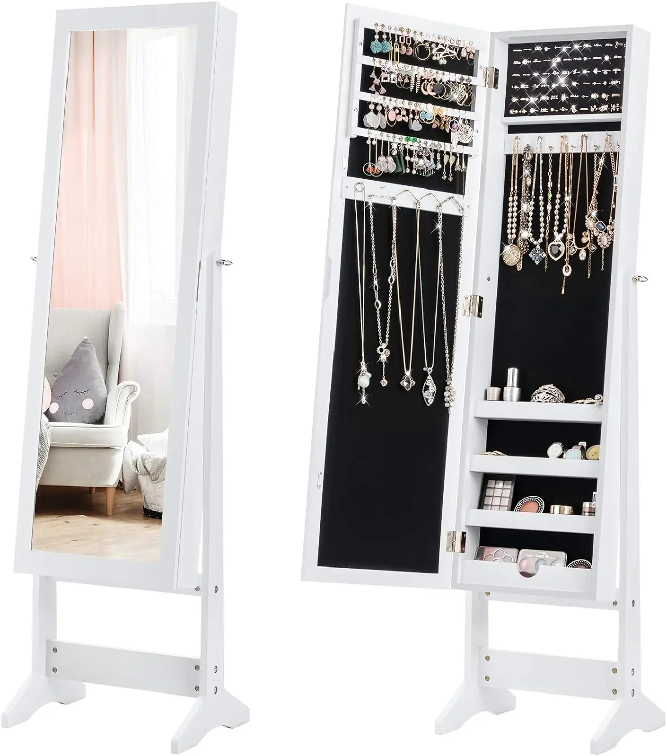 Jewelry Cabinet with Full-Length Mirror, Standing Jewelry Armoire Organizer with 64 Earring Slots, 72 Ring Slots, 20 Necklace