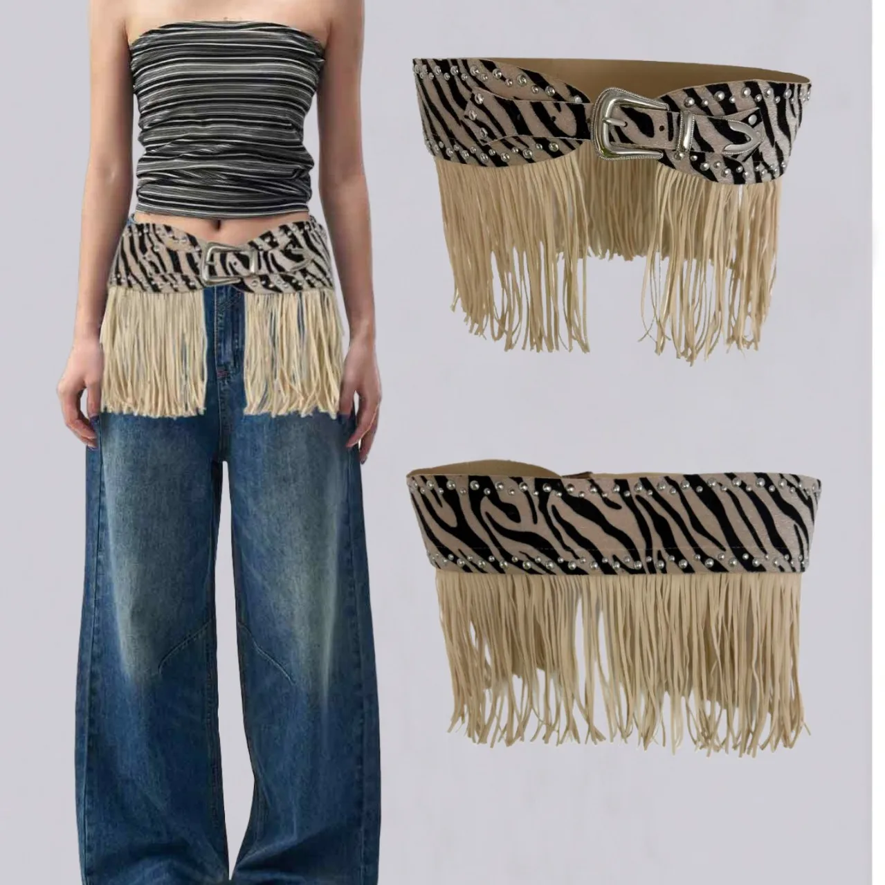 

WW zebra pattern fringed wide belt European and American western fashion personality Spice girl punk style rivet