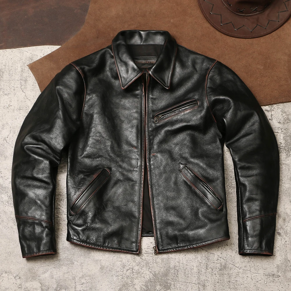 Tailor Brando Handmade Distressed Tea Core Cowhide Men's 1930 Classic Lapel Men's Biker Genuine Leather Jacket