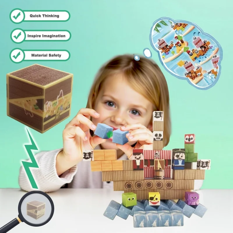 Blocs magnétiques Cubes de bateau Pirate 100 pièces, ensembles de blocs de construction Montessori, jouets sensoriels STEM, jeu de Puzzle pour garçons et filles, cadeau de noël