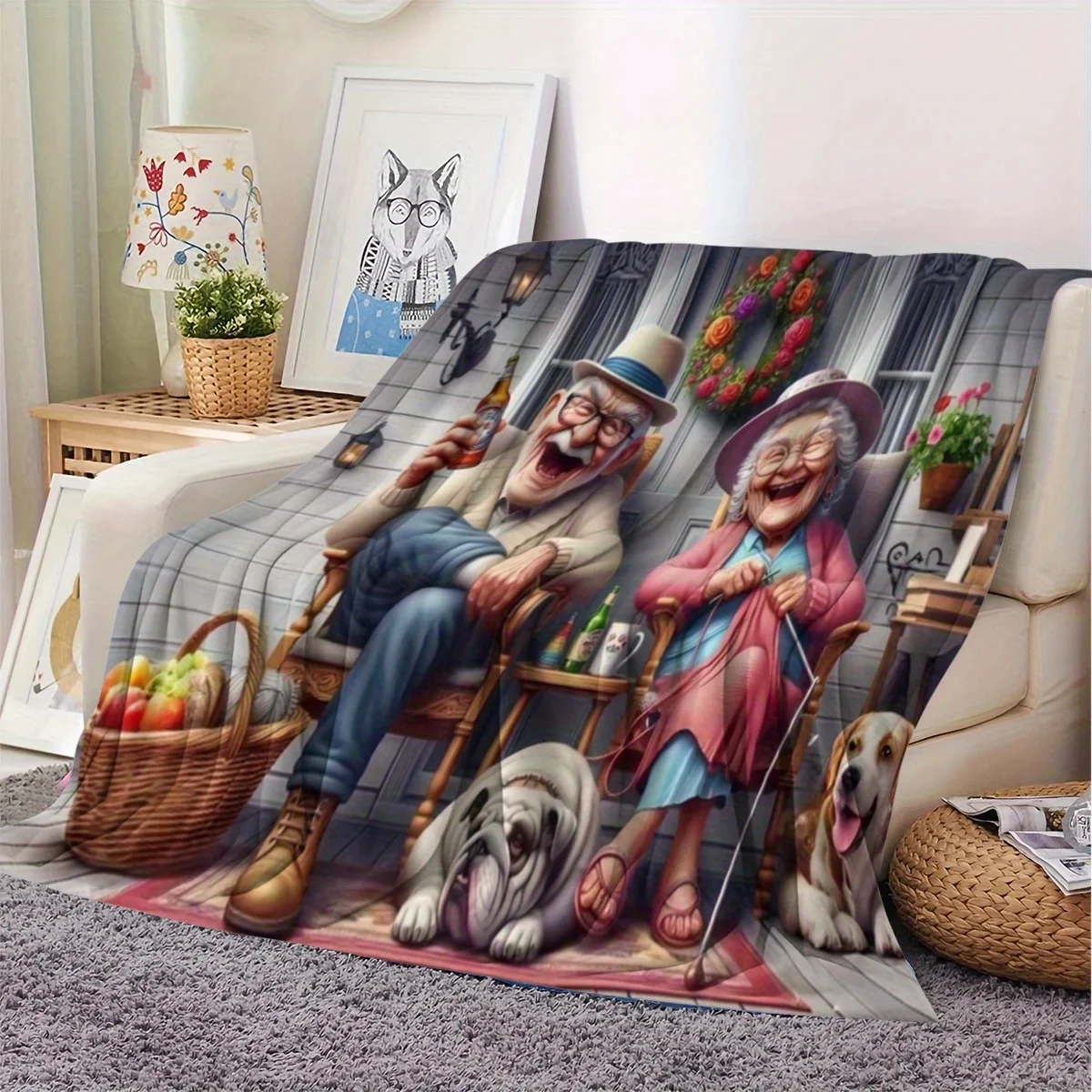 Whimsical Retirement Life Blanket Joyful Grandparents Pair Drinking Beer And Knitting On Front Porch Accompanied By Lazy Bulldog