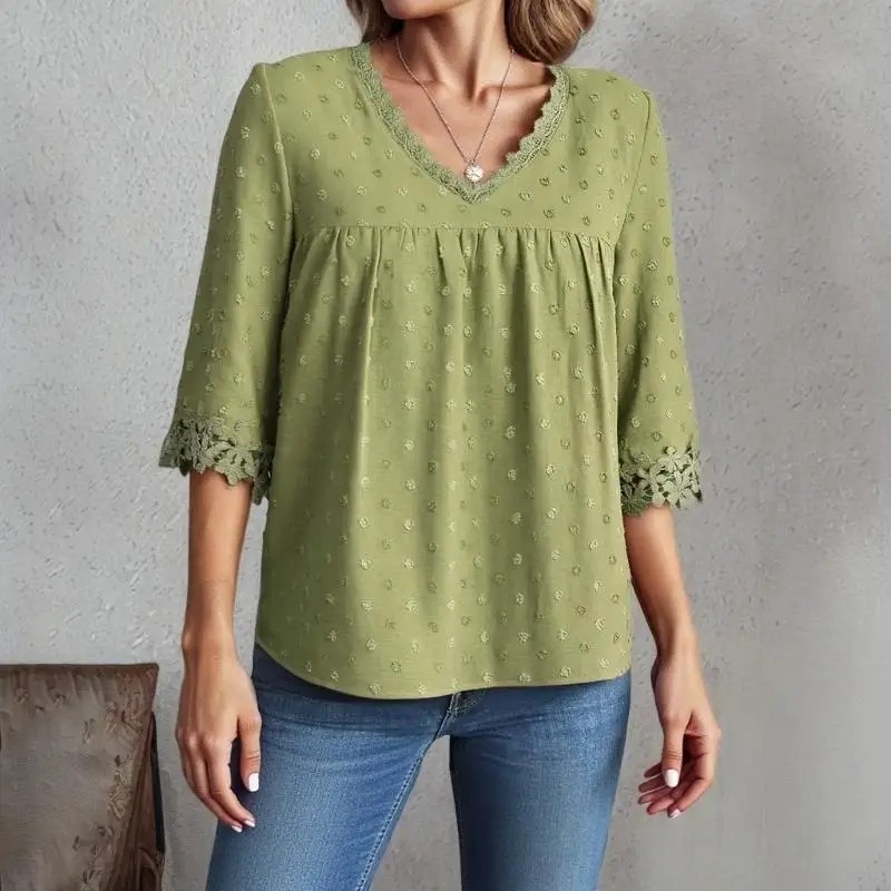 

Y3NE Топы для женщин с рукавами три четверти, рубашки с v-образным вырезом, струящиеся женские блузки, повседневная кружевная