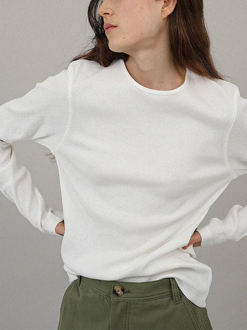 Cotton Round Neck Long-Sleeved White T-Shirt Women's Spring New Threaded Harajuku Chic Basic Tees Casual Female Tops