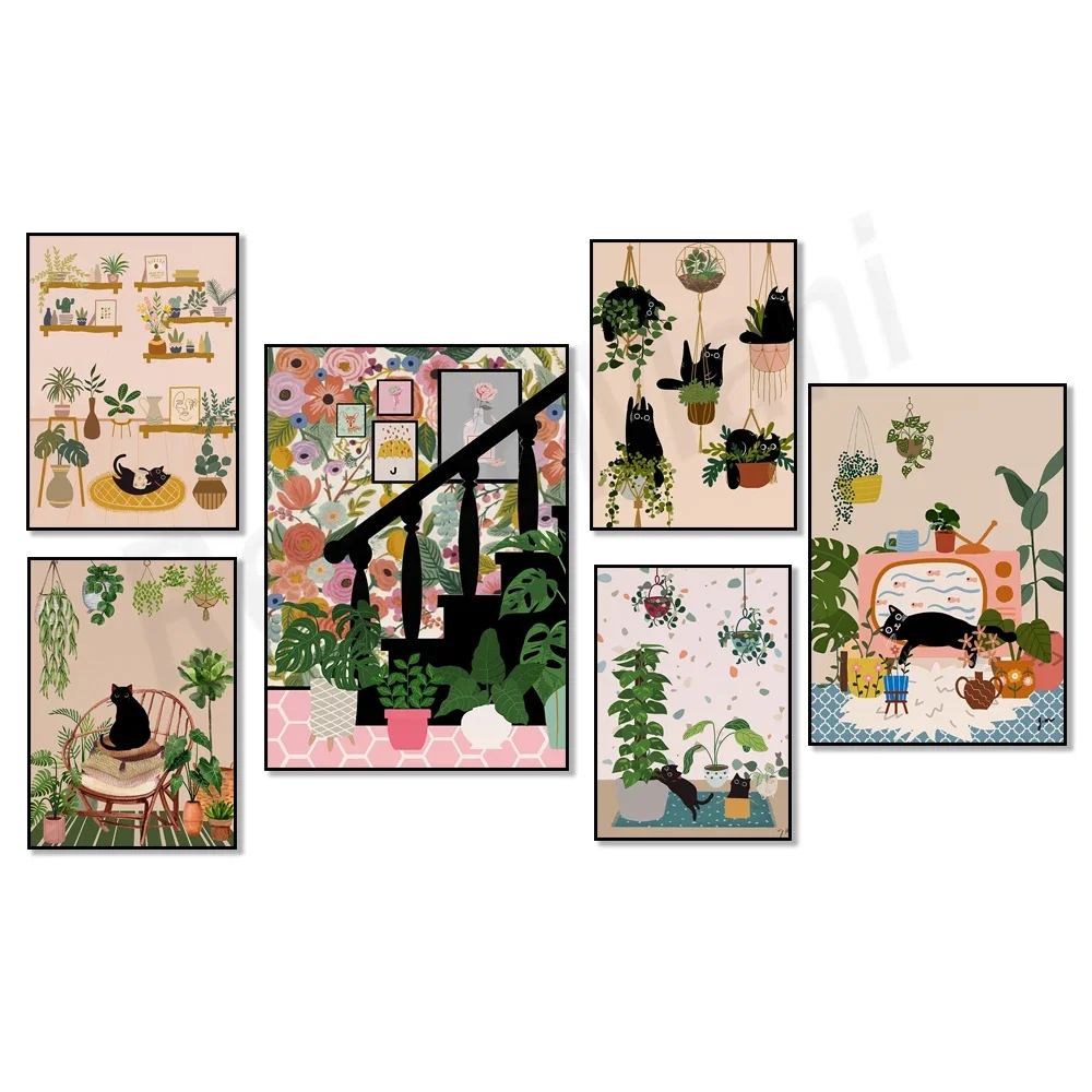 Cats and plants, cat on bookshelf and indoor planter, tropical plants on railing stairs, boho botanical print black cat poster
