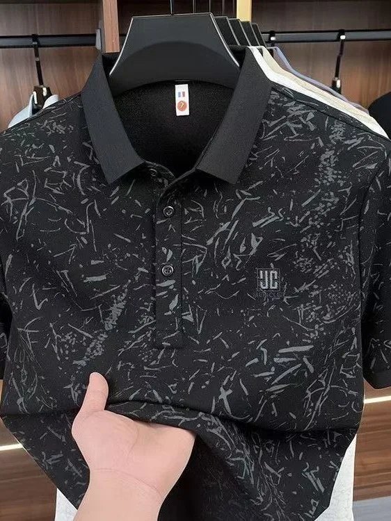 Ice Silk Short Sleeve  Shirt Men's Summer Fashion Casual Turn-down Collar Top High-end Leisure Half Sleeve Body T-shirt