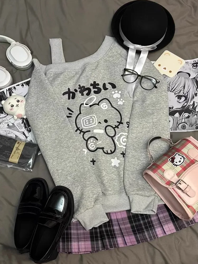 

Cute Print Oversized oulder Bared Long Sve Hoodie Women's Sweet Cool Sle Korean Loose Unique Top Korean Sle