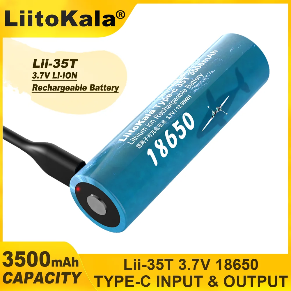 1PCS LiitoKala 35T Type-C 5V Input 3.7V 18650 3500mAh Capacity Rechargeable Lithium USB Battery for Toy Keyboar