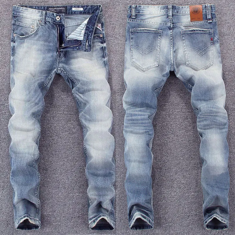 Italian Style Fashion Men Jeans Retro Light Blue Slim Ripped Jeans Men High Quality Male Trousers Vintage Designer Pants Hombre