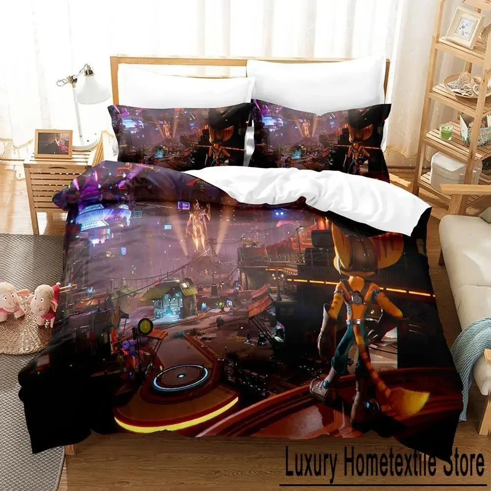 

Personelity Game Anime Ratchet Clank Rift Apart Bedding Set Cartoon three-piece set Adult Kid Bedroom Duvet cover Sets 3D Kawaii