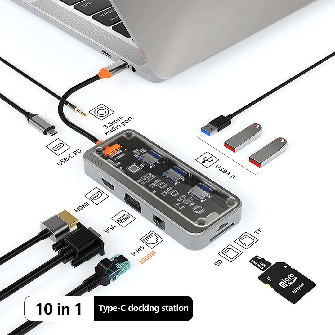 Imagem -05 - Usb Hub tipo c Adaptador Ethernet Rj45 pd 100w 4k 30hz Hdmi Vga Usb 3.0 sd tf Leitor de Cartão Áudio para Macbook Air Pro 10in