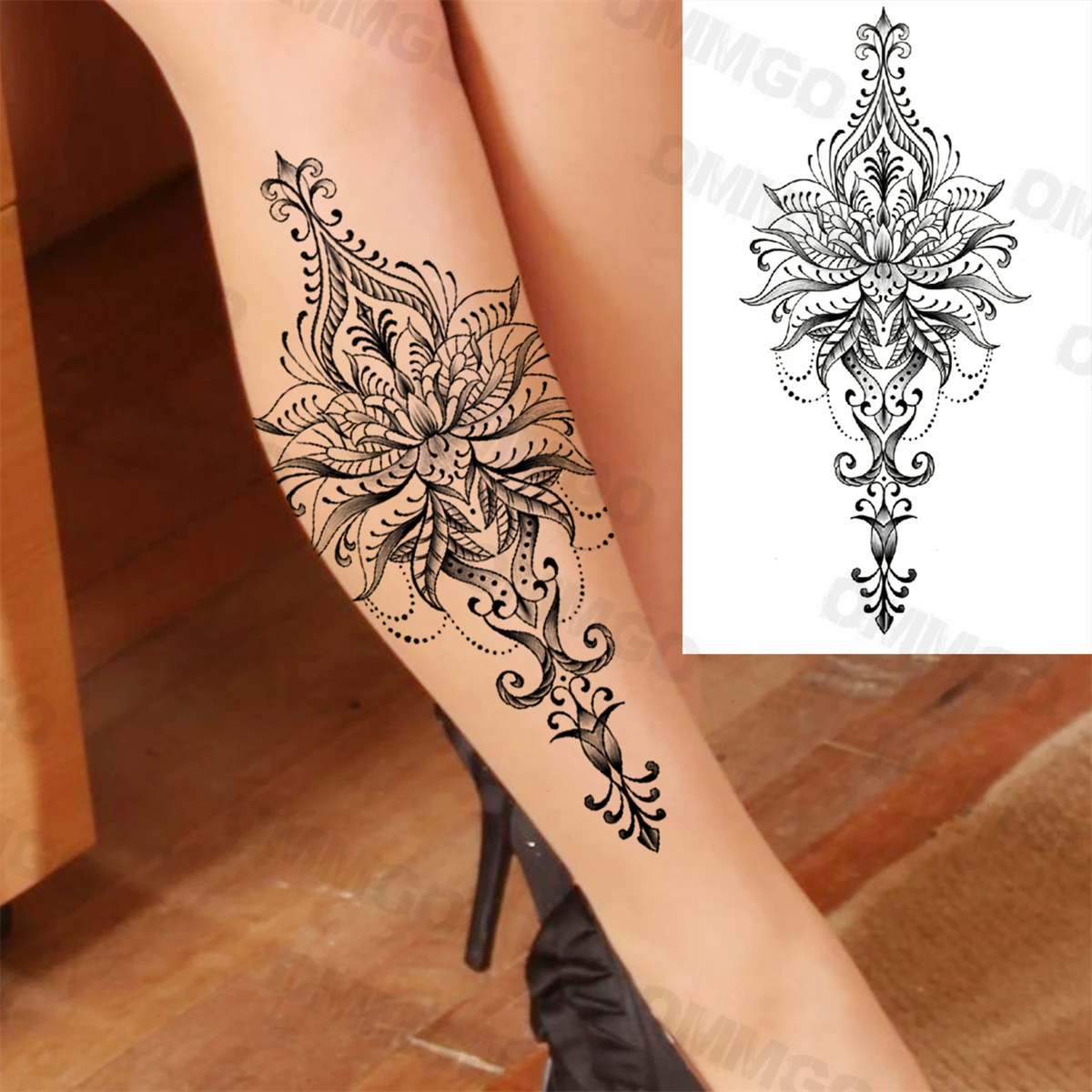 3D Black Mandala Calf Temporary Tattoos For Women Adult Lotus Rose Flower Fake Tattoo Sticker Waterproof Back Chest Tatoos Decal