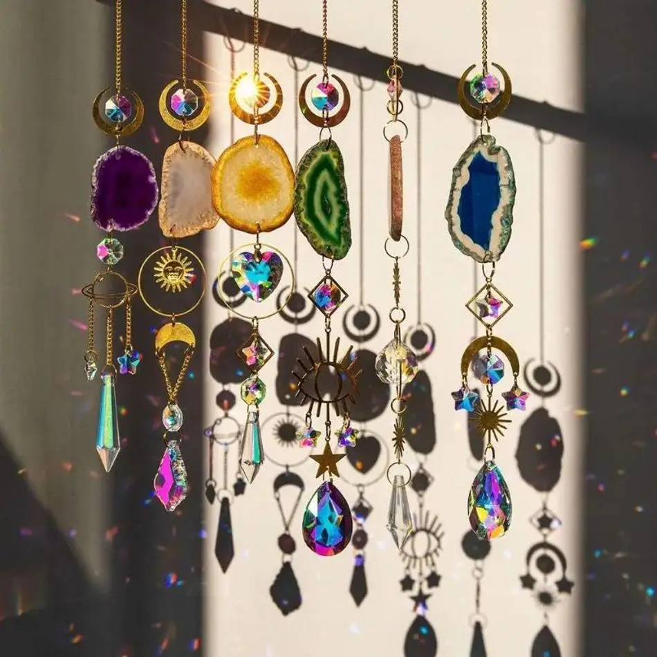 1 Pcs Crystal Prism Ball with Agate Slices Window Prisms Suncatcher Clear Wind Chimes Hanging Ornaments