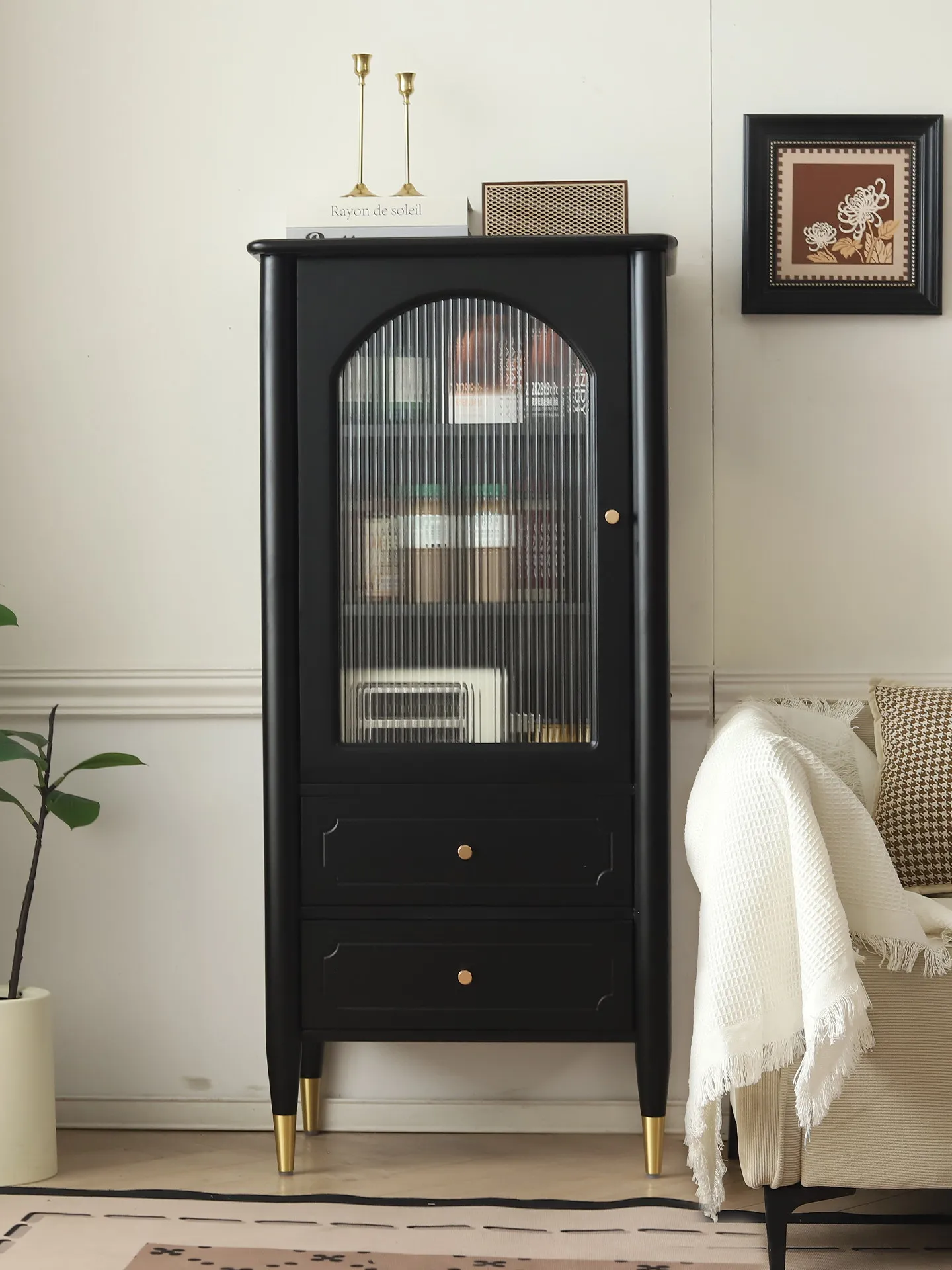 YJQ French vintage solid wood wine cabinet, wall-mounted glass door display cabinet, living room home storage cabinet