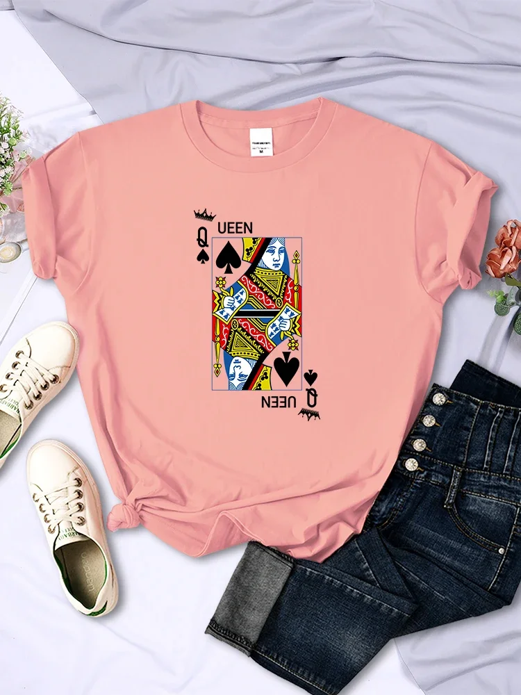 Poker Cards Queen of Spades Print Women T Shirt Fashion Graphic Tops Women Cotton Casual Sport Streetwear Vintage Loose Tee