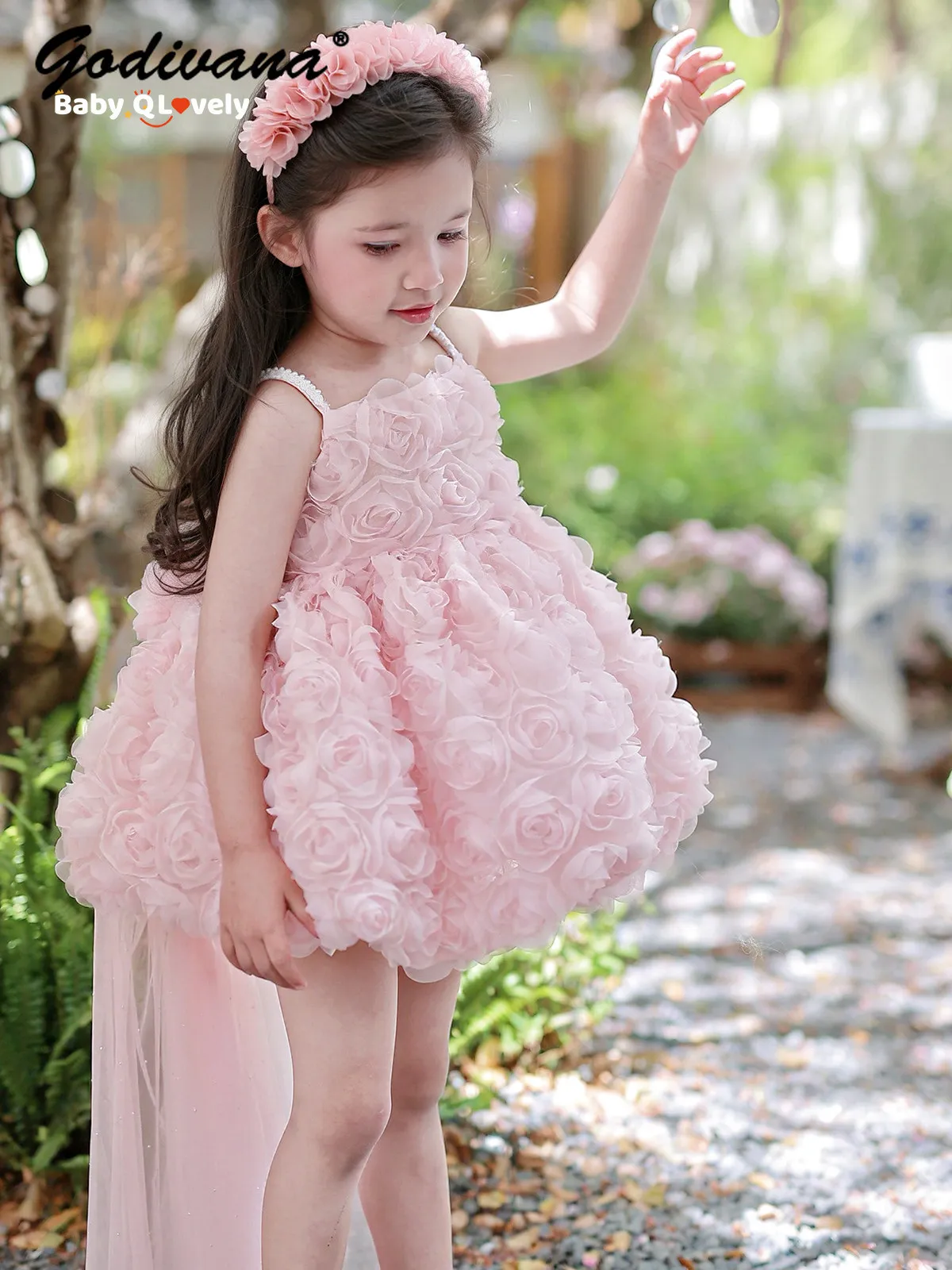 Original Sweet Baby Girls High End Heavy Pink 3D Flower Lolita Tutu Dress Kids 2026 New Summer Elegant Tulle Princess Ball Gown