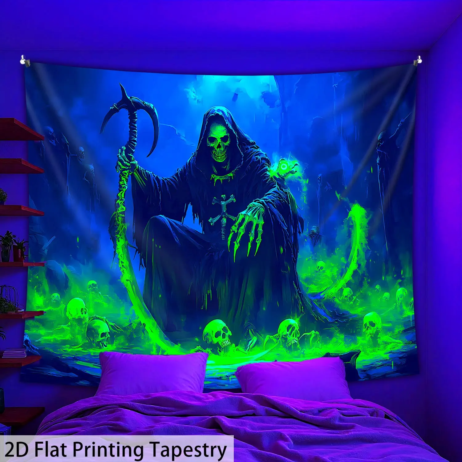 VIKAMA Death God Skeleton Tapestry, Psychedelic Living Aesthetic Wall Art for Bedroom Living Room Dorm Decor